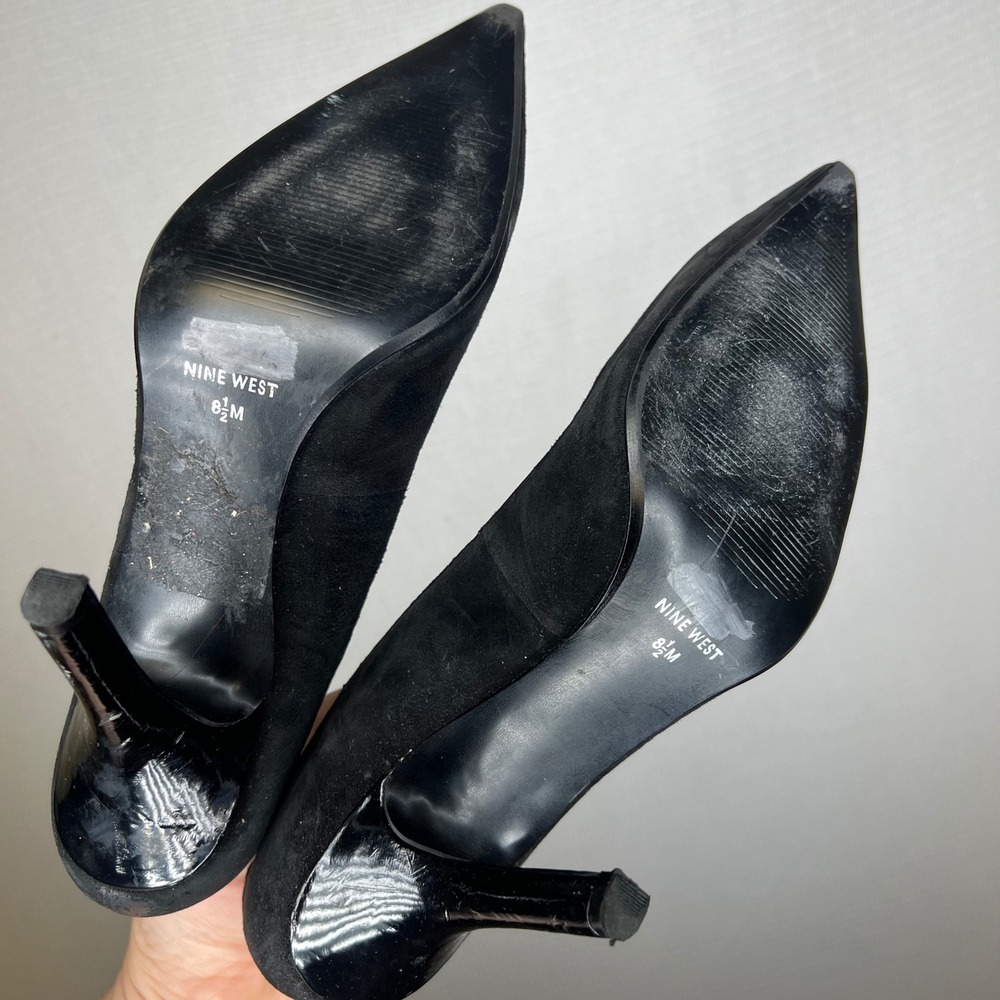 Nine West Black Suede Pointed Toe Pumps Patent Stiletto Heel Womens 8.5 M - Picture 5 of 6